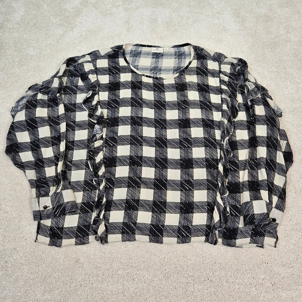 AGβ Adriano Goldschmied Womens Buffalo Check Plaid Ruffle Long Sleeve Boho Top L